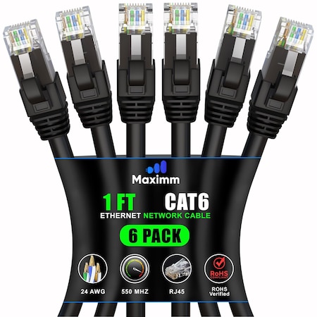 Maximm Cat6 Ethernet Cable 1ft 10Gbps 550MHz UTP, 6PK, Black, 6PK BK6PK02