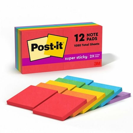 3M Post-it Super Sticky Neon Fusion Notes, 3 x 3, Assorted Colors, 12 Pads/Pack 65412SSAN