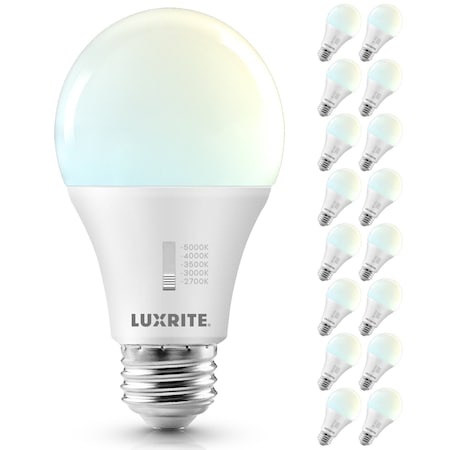 Luxrite A19 LED Light Bulb 100 Watt Equivalent, CRI90, 5CCT Selectable 2700K 3000K 3500K 4000K, 16PK LR21480