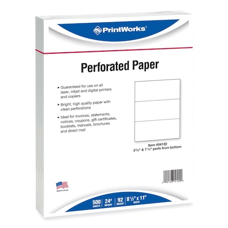 Printworks Professional Perforated and Punched Paper, 92 Bright, 24 lb Bond Weight, 8.5 x 11, White, 2500PK 04122
