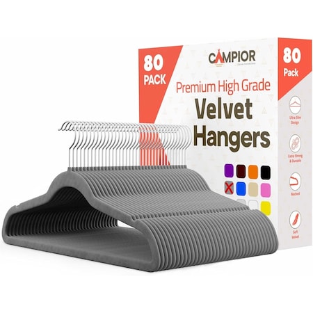 Campior Premium Velvet Non-Slip Hangers, Heavy Duty, 360 Deg Swivel Hook, Grey Velvet Finish, 80PK CMPVVH80GY