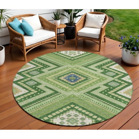 Homeroots 8' Green Ivory And Beige Round Tribal Washable Indoor Outdoor Area Rug 598120