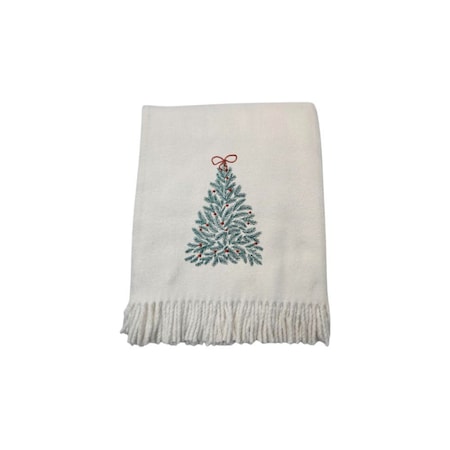 Homeroots 55" X 70" Cream Cotton Blend Woven Christmas Tree Embroidered Throw Blanket with Fringe 713575