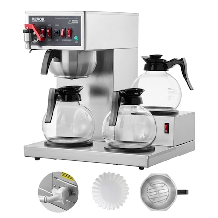 Vevor 12 Cups Commercial Drip Coffee Maker with 3 Glass Carafes and 3 Warmers Office FRB-286-BD3