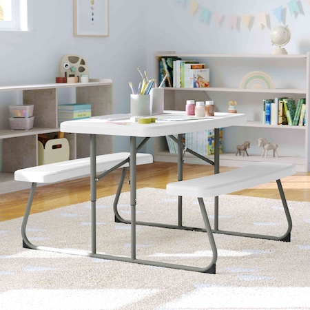 Flash Furniture Paige Easy-Fold White Folding Plastic Kids Outdoor Picnic Table and Benches, Seating for 4 Kids RB-EBB-2432FD2-WH-GG