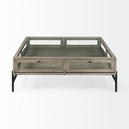 Homeroots 42" Gray and Black Glass and Metal Square Coffee Table With Shelf 393171