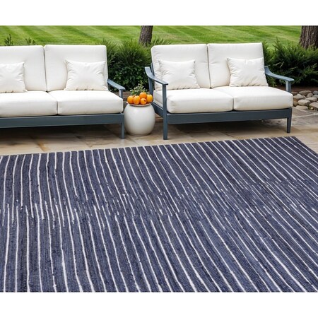 Homeroots 8' X 10' Navy and White Striped Hand Woven Area Rug With Fringe 557114