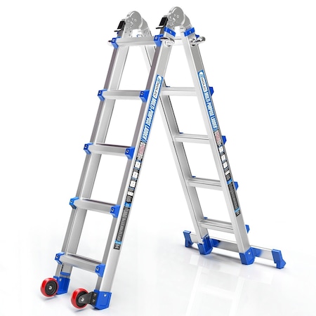 Wrightmaster 17ft Reach Aluminum Multi-Position Ladder w/ Wheels and Stabilizer Bar, 330 lbs. Load Capacity Blue ZOR-17FT-BU