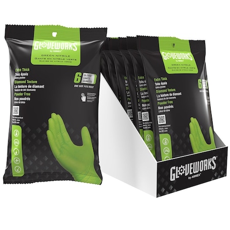 Gloveworks By Ammex One Size Fits Most GWGN6PK Green Gloveworks Nitrile Industrial Latex Free Disposable Gloves, GWON6PK16