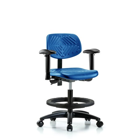 Blue Ridge Ergonomics Poly Chair, Med Bench, Tilt, Arms, Foot Ring, Casters, Blue BR-PMBCH-RG-T1-A1-BF-RC-BLU