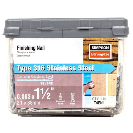 Simpson Strong-Tie Finishing Nail, 4D, 1-1/2 in L, 14 ga Gauge, Stainless Steel, Brad Head, Smooth Shank T4FN1