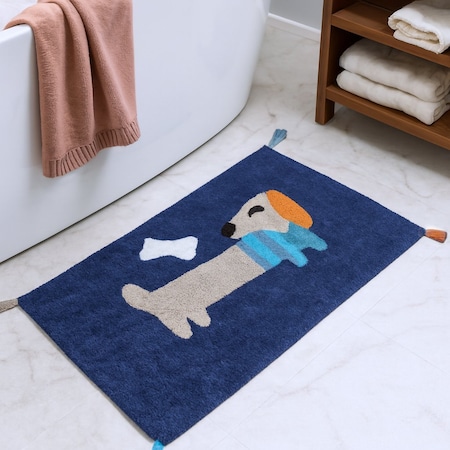 Homeroots 32" Blue Orange And White Cotton Dog Youthful Bath Rug 635398