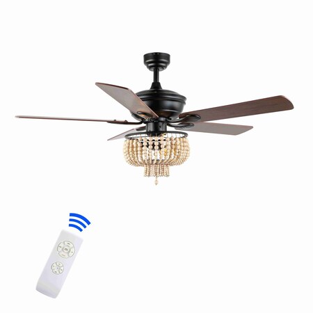 Jonathan Y Opal 52" 3-Light Farmhouse Rustic Wood Bead Shade LED Ceiling Fan With Remote, Black JYL9617A