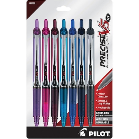 Pilot Precise V5RT Retractable Roller Ball Pen, 0.5mm, Assorted Ink/Barrel, 7/Pack 26095