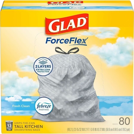 Glad 13 gal Trash Bags, 24 in x 27.38 in, Extra Heavy-Duty, 0.72 mil, White 78899