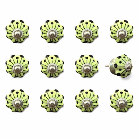 Homeroots Set of Twelve Yellow Green And Silver Floral Ceramic Drawer Pull Knobs, 12PK 321685