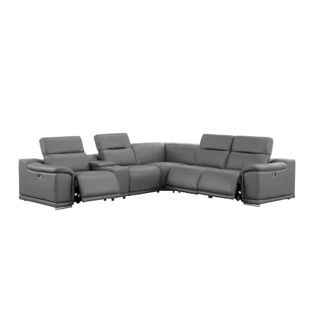 Homeroots Battleship Gray Leather Power Reclining L Shaped Six Piece Corner Sectional With Console 643944