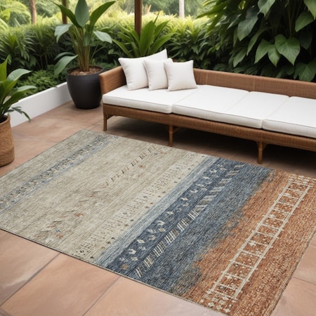 Homeroots 10' X 14' Brown Blue And Beige Southwestern Washable Indoor Outdoor Area Rug 605126