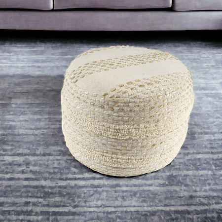 Homeroots 18" Natural And Ivory Cotton Blend Round Striped Pouf Ottoman 551564