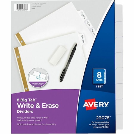 Avery Dennison Avery Big Tab Write-On Divider with Erasable Tab/Write-on, 8.5"x11", 8 Tabs, White/White 23078