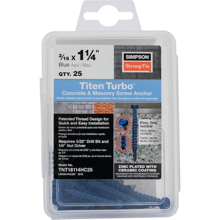 Simpson Strong-Tie Titen Turbo 3/16''x1-1/4'' Hex-Head Concrete & Masonry Screw Blue, 25 Ct. TNT18114HC25