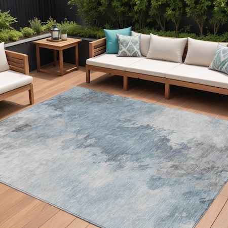 Homeroots 10' X 14' Sky Blue Gray And Ivory Abstract Washable Indoor Outdoor Area Rug 617424
