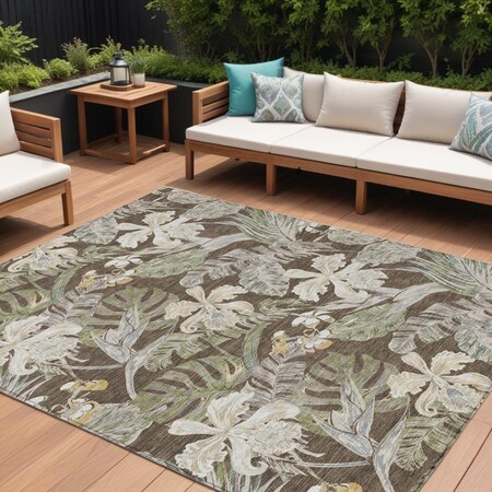 Homeroots 10' X 14' Brown Beige And Olive Green Botanical Leaves Washable Indoor Outdoor Area Rug 618399