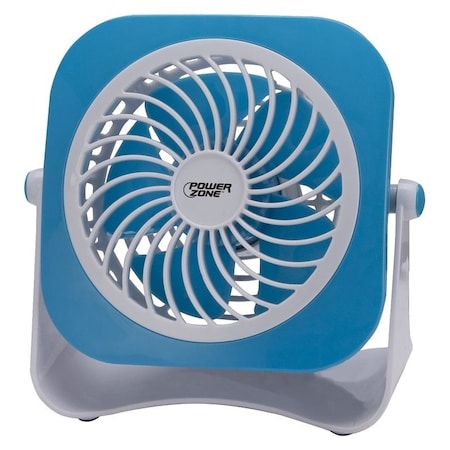 Powerzone Tabletop Fan, 5 VDC, 4 in Dia Blade, 5-Blade, 2-Speed, 48 in L Cord, White/Blue OR White/Red QT-U403B