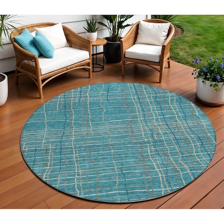 Homeroots 8' Teal Blue Gray And Brown Round Striped Washable Indoor Outdoor Area Rug 597435