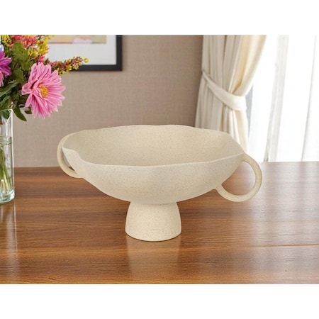 Homeroots 16" Beige Cast Aluminum Round Pedestal Centerpiece Bowl With Handles 609353