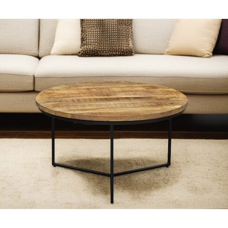 Homeroots 32" Natural and Black Solid Wood And Iron Round Distressed Cross Legs Coffee Table 555477