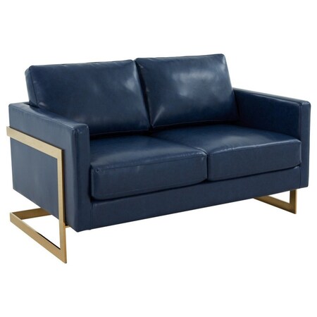 Leisuremod Lincoln Upholstered Leather Loveseat with Gold Frame, Navy Blue LA55BU-L