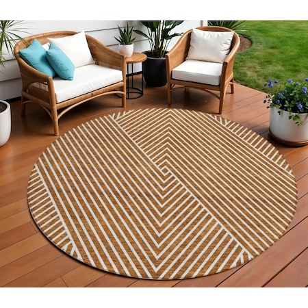 Homeroots 8' Terra Cotta And Ivory Round Geometric Washable Indoor Outdoor Area Rug 612156