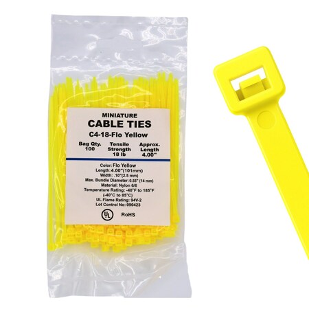 Cable Ties Unlimited Cable Tie, 4 in L, 18 lb Strength, 1 in Max Bundle Dia, Nylon 6/6, Fluorescent Yellow 100PK C4-18-Flo Yellow