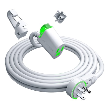 Maximm 10ft 16AWG 360 degrees Flat Plug Extension Cord w/ LED & Hook, UL, White ADW-360-S210-WH