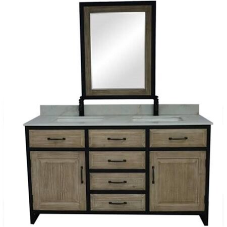 Infurniture WK8860-AP TOP 60 in. Rustic Solid Fir Double Sink Iron Frame Vanity with Arctic Pearl Quartz Top WK8860+AP TOP