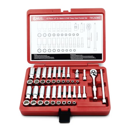 Genius Tools 1/4inDr. 42 Piece Metric & SAE Hand Socket Set TW-242MS