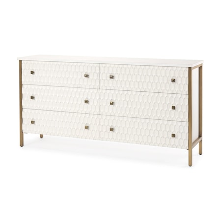 Homeroots 63in Gold And White Wood Carved Geometric Six Drawer Sideboard 611020