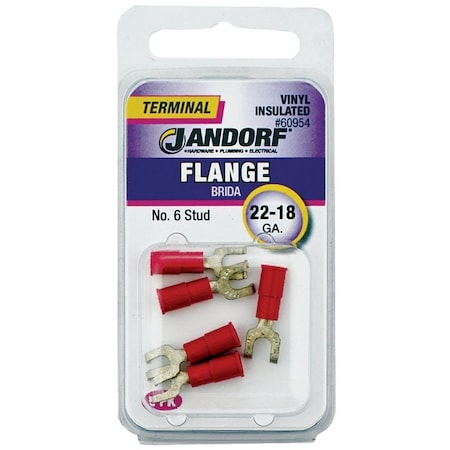 Jandorf Flanged Spade Terminal, 22 to 18 AWG Wire, #6 Stud, Vinyl Insulation, Copper Contact 60954