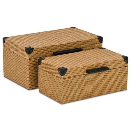 Homeroots Set of Two Brown And Black Faux Rattan Nesting Storage Boxes With Lids, 2PK 712931