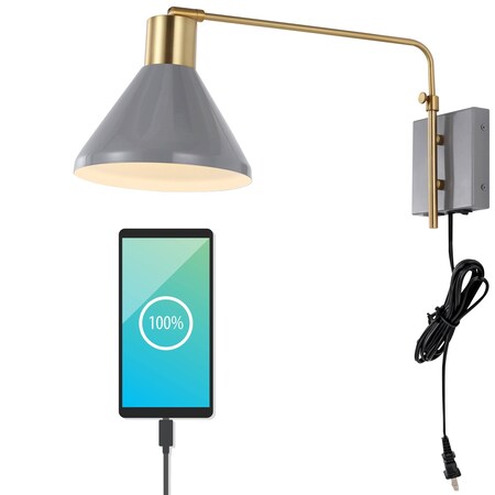 Jonathan Y Max 20.5" Swing Arm 1-Light Modern Midcentury Iron USB Charging Port LED Sconce, Grey/Brass Gold JYL1303C