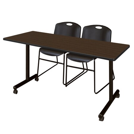 Regency Kobe Mobile T-Base Training Table W/ 2 Zeng Stack Chairs, 60 in W, 24 in L, Neo Walnut MKTRCC6024NW44BK