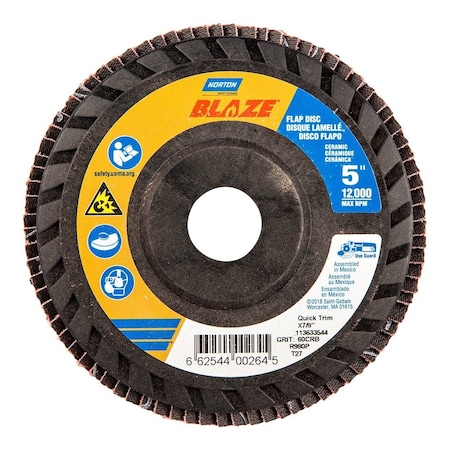 Norton Co Flap Disc: 7/8" Hole, 60 Grit, Ceramic, Type 27 66254400264