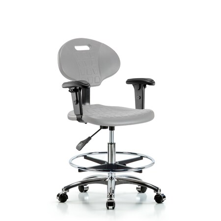 Blue Ridge Ergonomics Poly Chair Chrome-Medium Bench Height with Chrome Foot Ring, Adj Arms, & Chrome Casters in Gray Poly TPMBCH-CR-A1-CF-CC-GRY