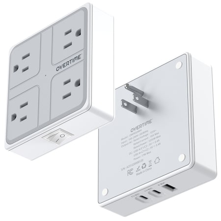 Overtime 7-in-1 Wall Outlet Surge Protector Extender 4 AC Outlets, 2 USB-A & 1 USB-C, White E63