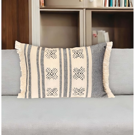 Homeroots 14" X 20" Beige and Black Southwestern Cotton Throw Pillow With Fringe 529258
