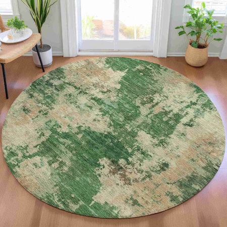 Homeroots 8' Fern Green And Beige Round Abstract Washable Indoor Outdoor Area Rug 630683