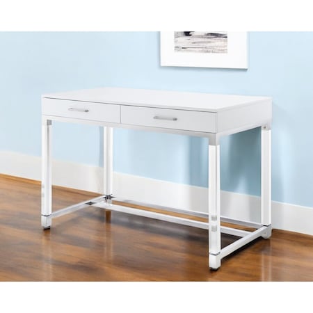 Homeroots 48" White Clear and Silver Wood Acrylic and Stainless Steel Writing Desk With Two Drawers 543750
