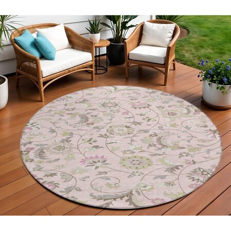 Homeroots 8' Pink Green And Gray Round Floral Washable Indoor Outdoor Area Rug 597838