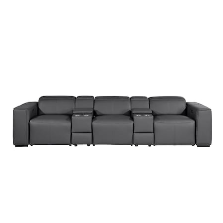 Homeroots 130" Dark Gray Top Grain Leather Reclining Metal USB Sofa 720399